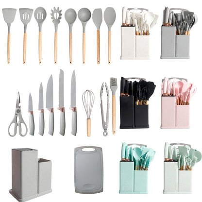 Conjunto de utensílios de cozinha de silicone, 19 peças com cabo de madeira, espátula, panela antiaderente e balde de armazenamento de facas multiuso integrado