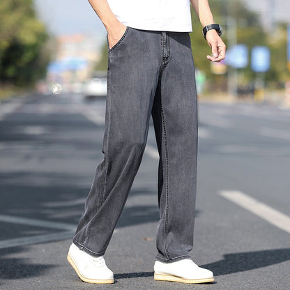 Loose Wide-leg Men's Thin Jeans Lyocell Soft Drape Fabric Comfort Trousers Spring Summer Fashion Brand Washing Denim Pants