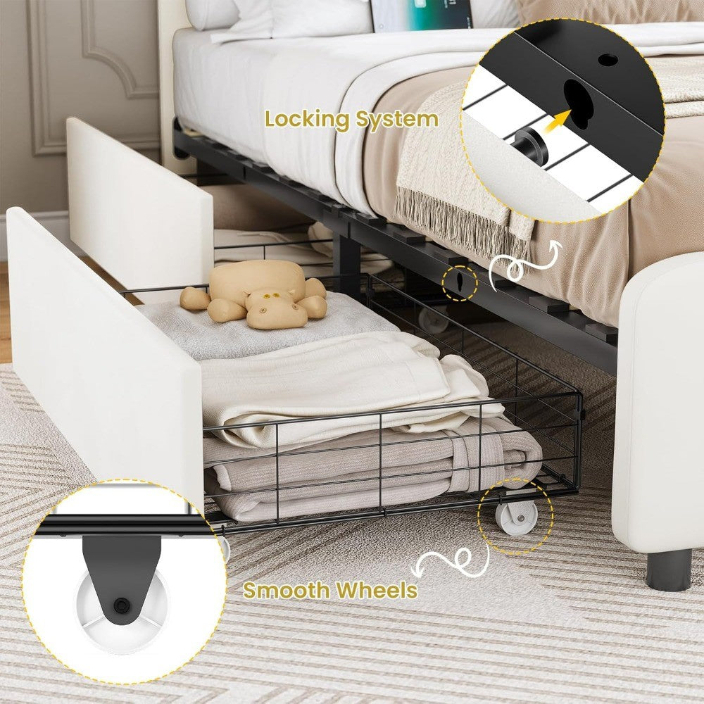 Estrutura de Cama Queen com 4 Gavetas de Armazenamento e Luzes LED, Estrutura de Cama Plataforma Estofada em Veludo com Cabeceira Ajustável em Altura
