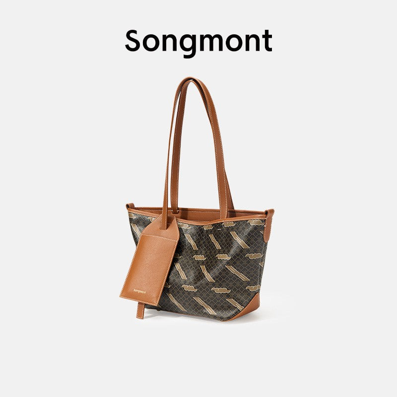 Songmont Designer Tote Bag Signature Monogram Print PU Material Lightweight Durable Womens Bag Zipper Top Polyester Lining