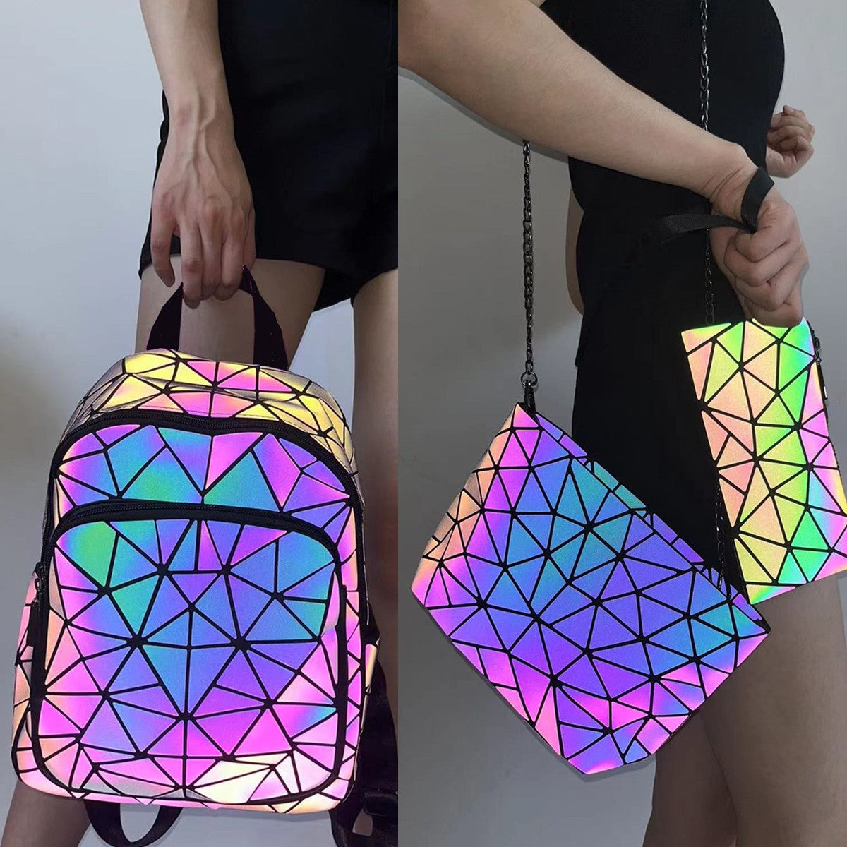 Fashion Women's luminous Backpack PVC holographic geometric School Bags For Teenage Girls Bagpack mochila feminina Travel Should