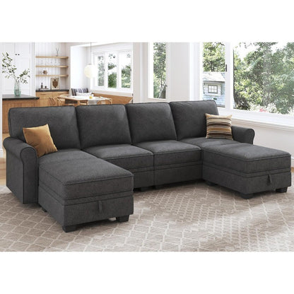 U-Shaped Sectional Sofa with Storage, Reversible Chaise for Living Room, Dark Grey