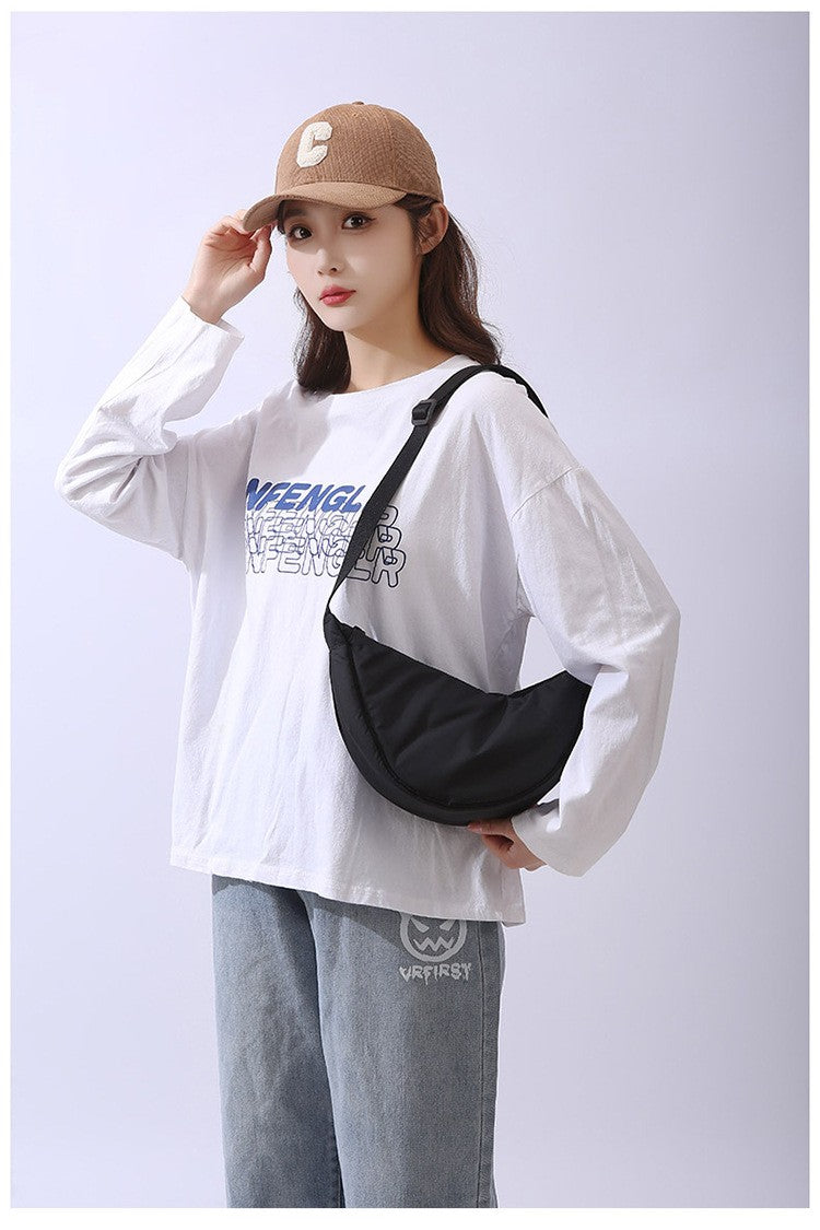 Solid Color Women's Portable Shoulder Bag Simple Female Nylon Cloth Padded Crossbody Bags Travel Purse Handbags Messenger Bag