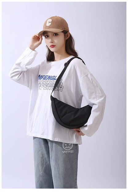 Solid Color Women's Portable Shoulder Bag Simple Female Nylon Cloth Padded Crossbody Bags Travel Purse Handbags Messenger Bag