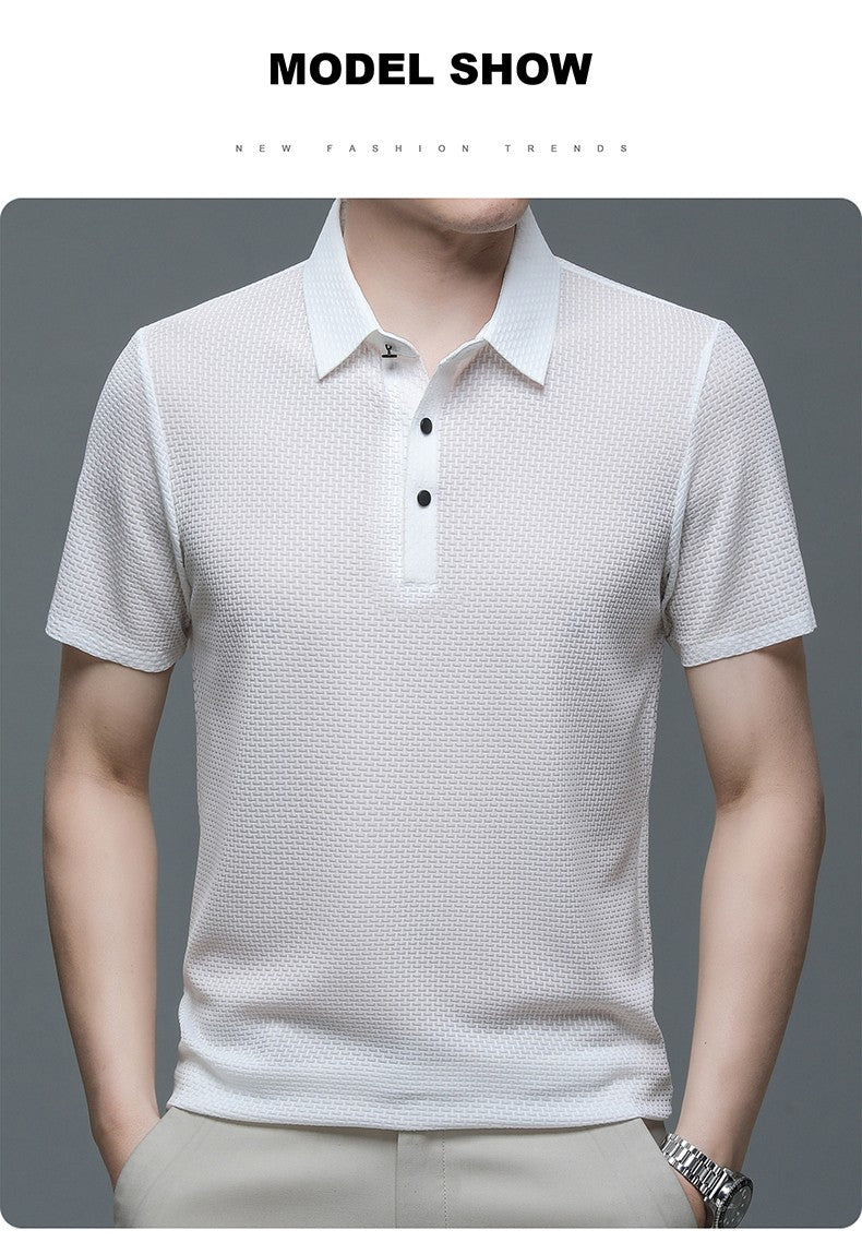 Summer New Embroidered Silk Elastic Polo Shirt for Men's Luxury Trend Fashion Leisure Breathable Cool Short Sleeved T-shirt Top