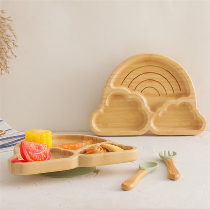Baby Wooden Tableware Set Could Bamboo Wooden Plate Bowl Silicone Suction Wooden Handle Fork Spoon for Children Feeding Supplies