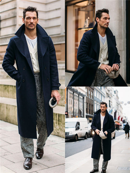 Men's Woolen Good Quality Coat Navy Blue Winter Warm Solid Double-Breasted Thick Plus V-Neck Overcoat Casual Male Overcoat