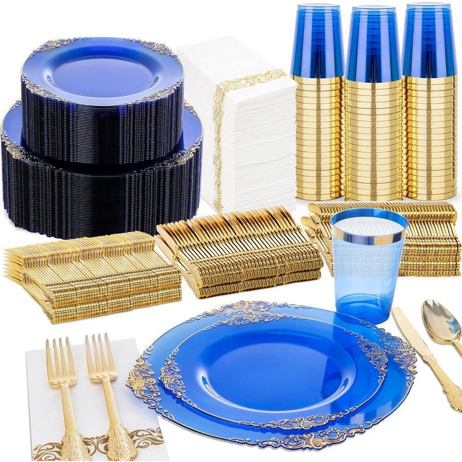 350 PEÇAS Pratos de Plástico Azul Kits de Louça de Plástico Azul para 50 Convidados 100 Pratos Descartáveis 150 Talheres Dourados 50 Copos 50 Guardanapos