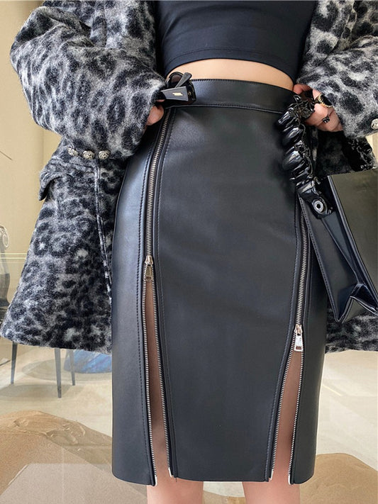 Lautaro Autumn Soft Black Pu Leather Midi Skirt Women with Double Slit Zipper High Waist Korean Style Fashion 2021 Streetwear