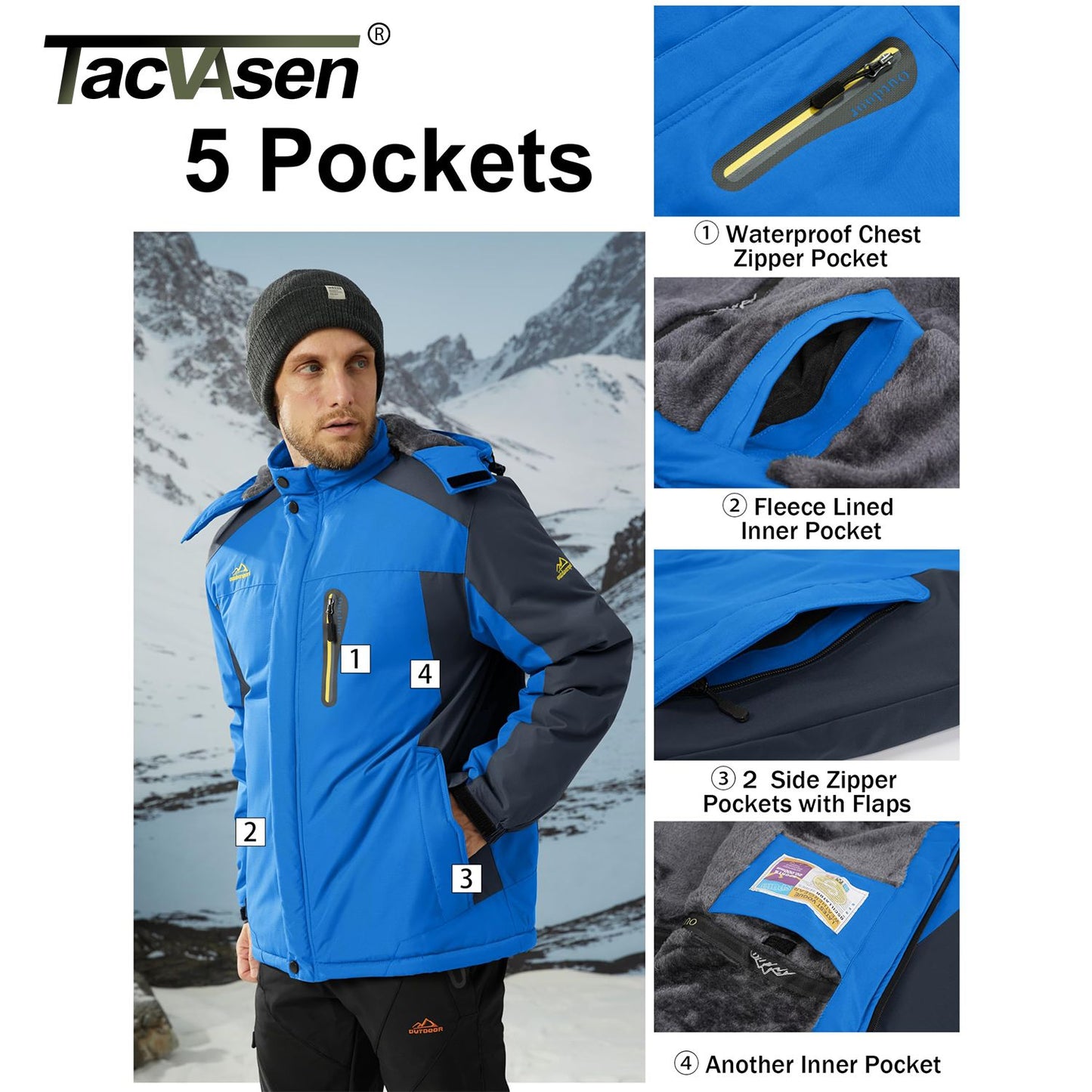 Jaqueta Masculina Impermeável TACVASEN de Inverno Pesada Forrada com Lã, Jaquetas de Esqui e Snowboard, Casacos Corta-Vento com Capuz Removível
