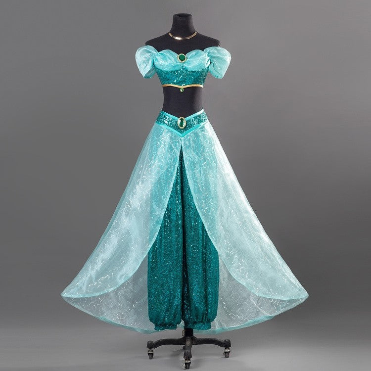Aladdin Princess Jasmine Cosplay Costume Adult Green Sequined Off Shoulder Top Pants Skirt Set Halloween Party Dress