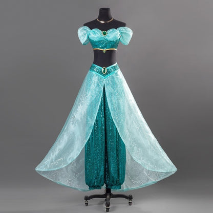 Aladdin Princess Jasmine Cosplay Costume Adult Green Sequined Off Shoulder Top Pants Skirt Set Halloween Party Dress