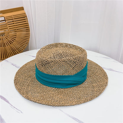 Chapéu de Palha Feminino de Verão Chapéu de Sol Luxuoso Feminino Chapéu de Praia de Proteção Solar da Moda Chapéu Panamá Francês Chapéu Raff de Aba Larga com Topo Abaulado