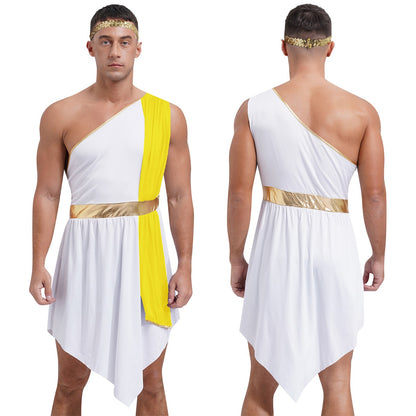 Mens Ancient Greek Toga Roman King Prince Cosplay Costume Halloween One Shoulder Embroidered Robe Dress Theme Party Outfits
