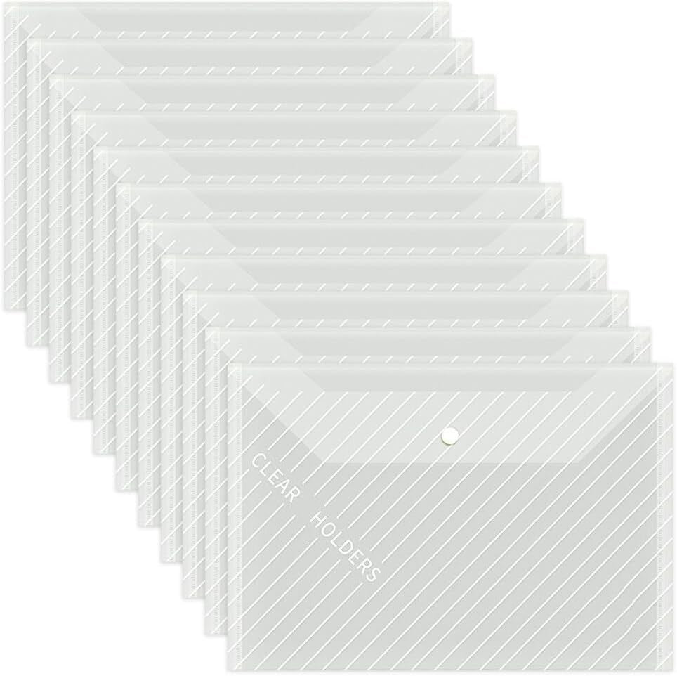 10 PCS Plastic Folders for Document, A4 Size Plastic Envelopes with Snap Closure, Clear File Folders Bags for School Office