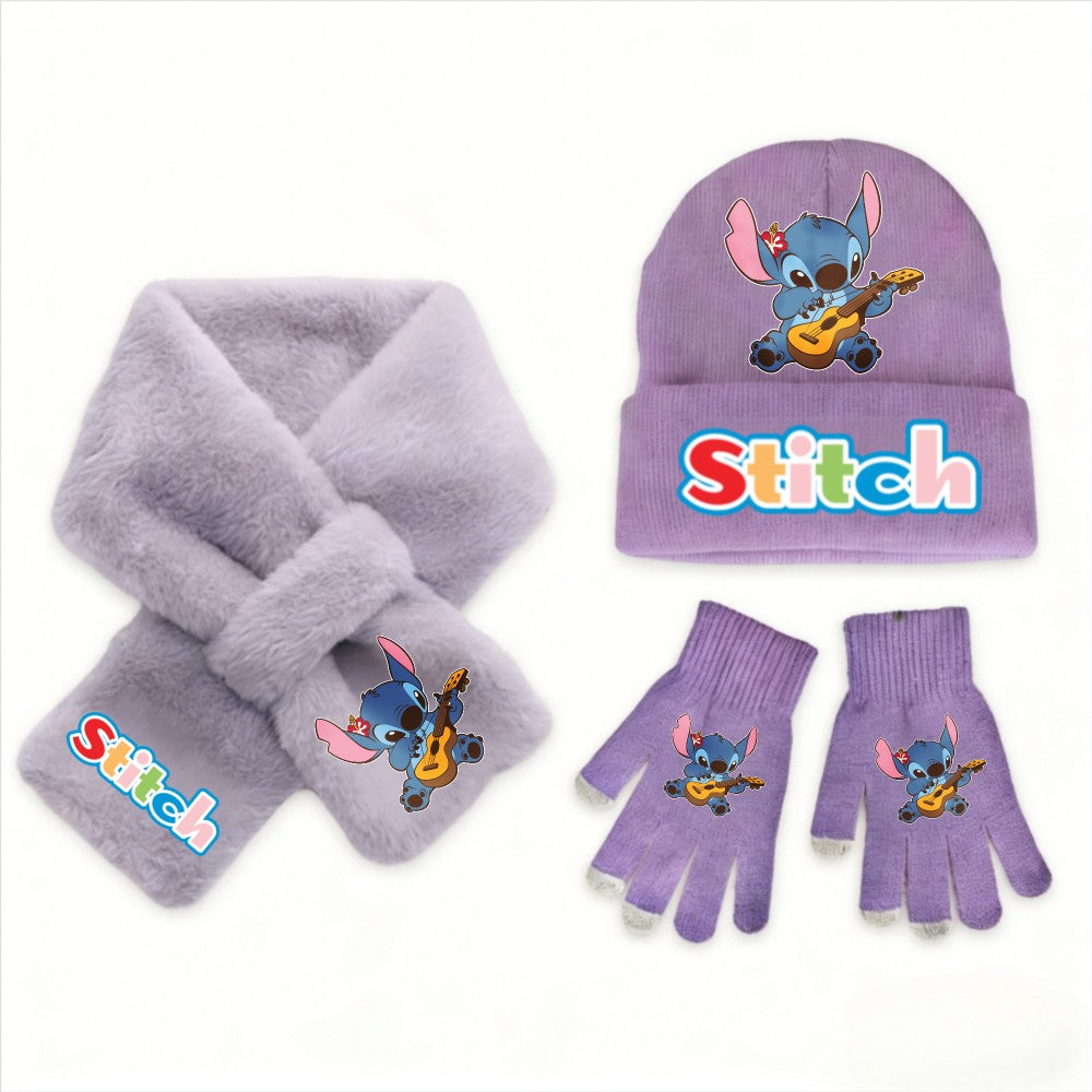 Conjunto de 3 peças de chapéu, cachecol e luvas de malha de inverno Stitch Disney Kawaii quente para meninas Acessórios casuais de moda infantil presente de Natal perfeito