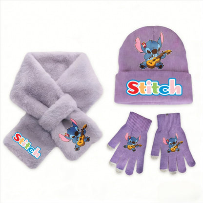 Conjunto de 3 peças de chapéu, cachecol e luvas de malha de inverno Stitch Disney Kawaii quente para meninas Acessórios casuais de moda infantil presente de Natal perfeito