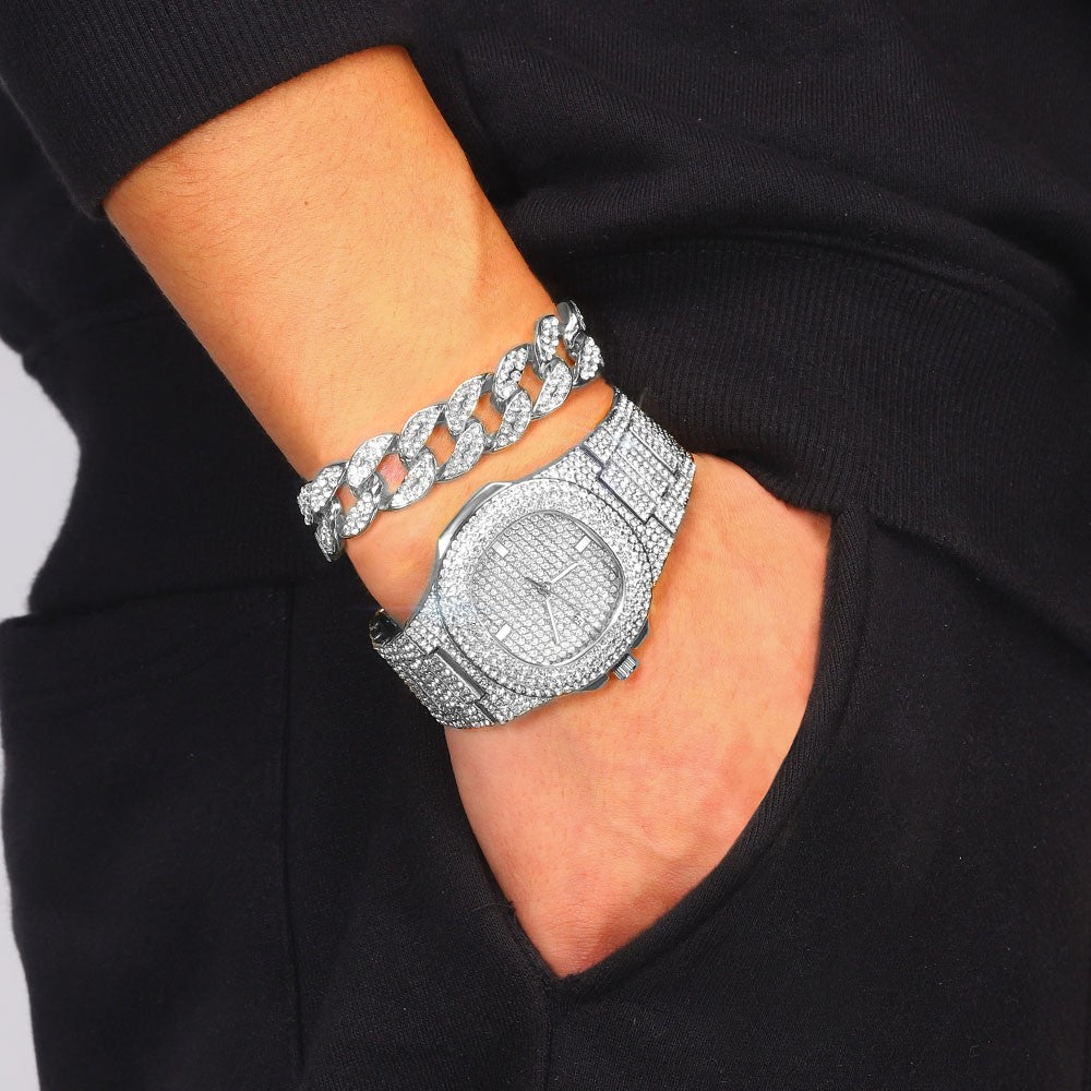 New Punk Men Watch Iced Out Diamond Sparkling Quartz Watches Fashion Hip Hop Classic Silver Color Watch Jewelry Men Women Gift