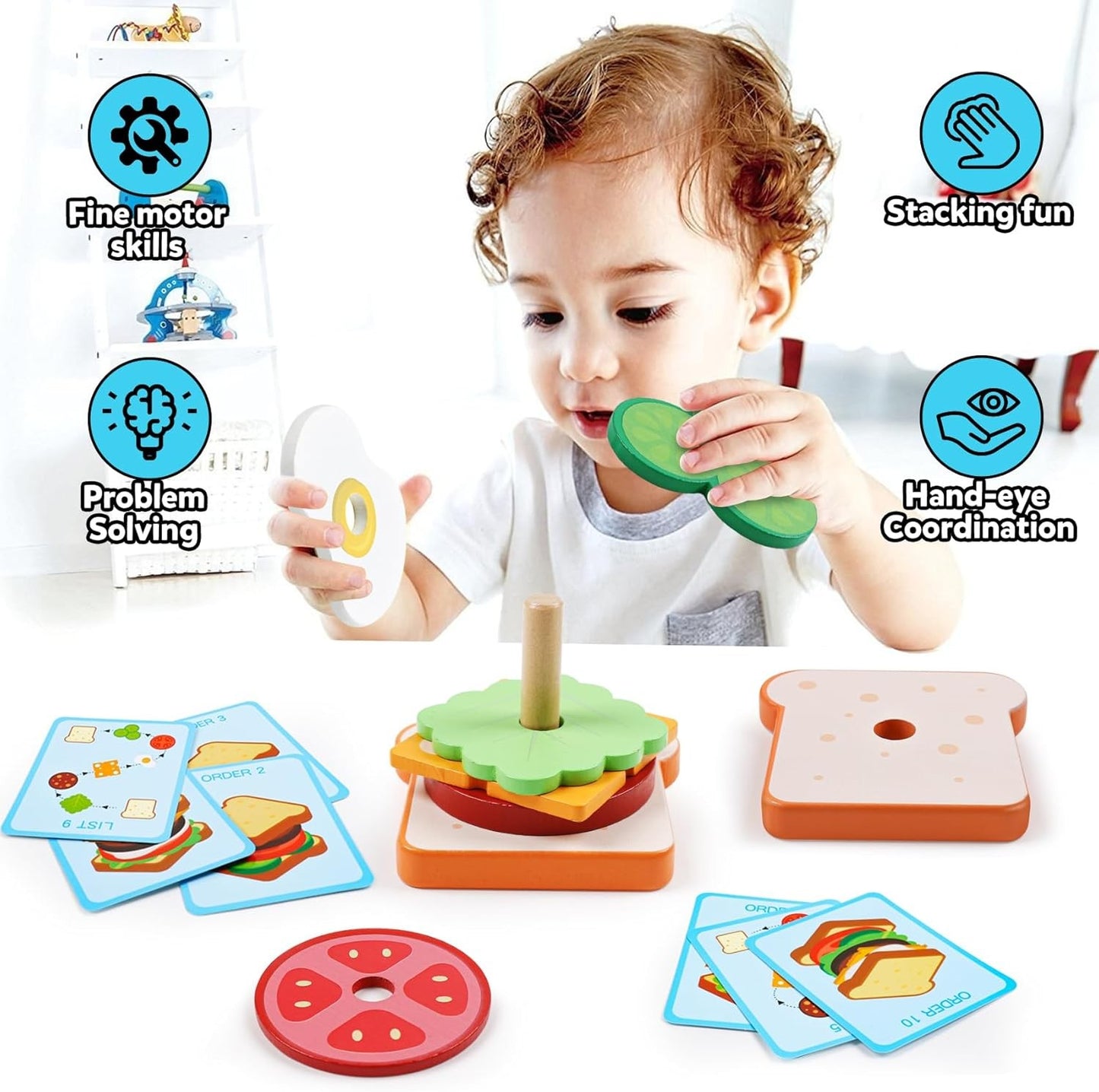 Wooden Burger Sandwich Stacking Toys For Toddler Kids Preschool Learning Educational Toys Pretend Play Food Kitchen Toys Gifts