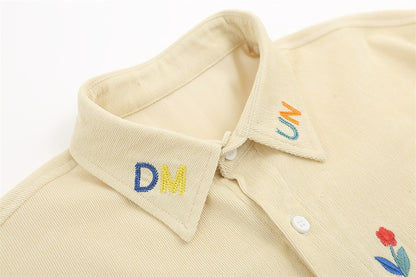 Cartoon Embroidery Cargo Shirts Mens Summer Retro Casual Streetwear Lapel Single Breasted Short Sleeve Shirts Men