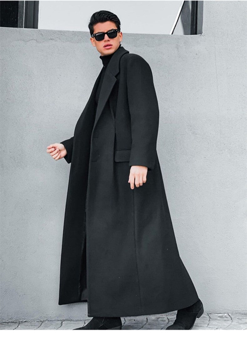 Mauroicardi Autumn Winter Extra Long Warm Black Loose Casual Wool Blends Coat Men Luxury Floor Length Overcoat Korean Fashion