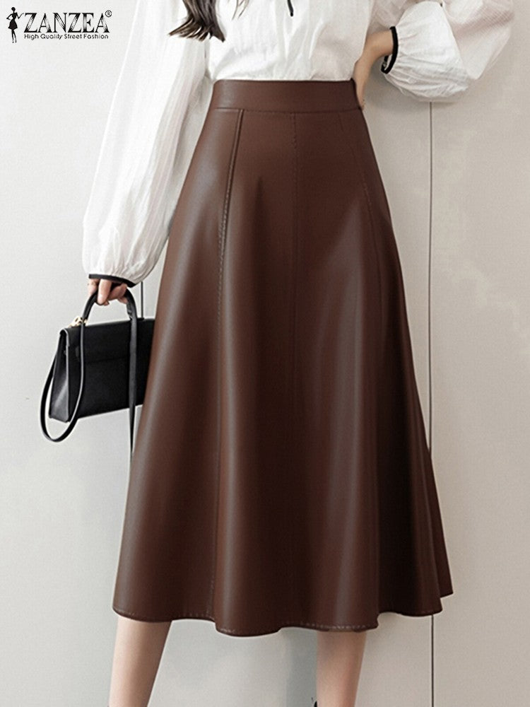 Plus Size 5XL ZANZEA Women PU Leather Midi Jupes Elegant Casual Autumn Loose High Waist Skirt Solid Skirt High Waisted Falda