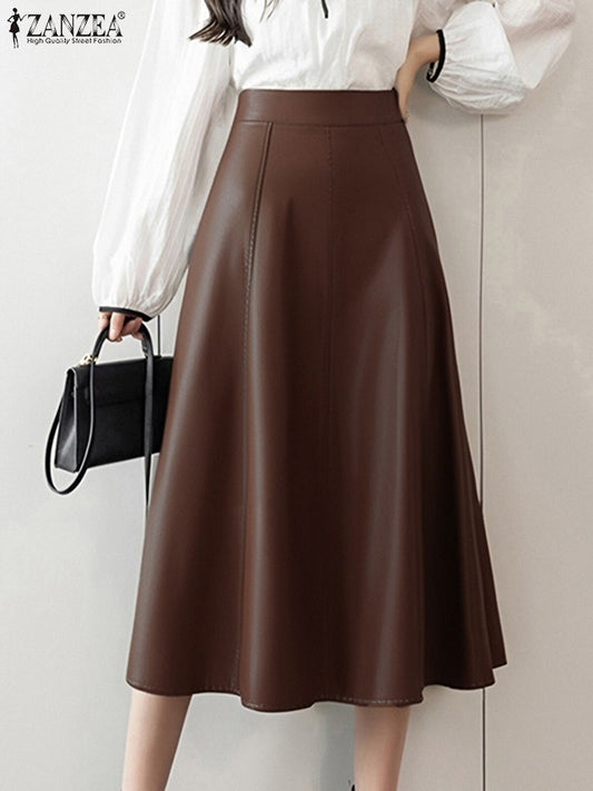 Plus Size 5XL ZANZEA Women PU Leather Midi Jupes Elegant Casual Autumn Loose High Waist Skirt Solid Skirt High Waisted Falda