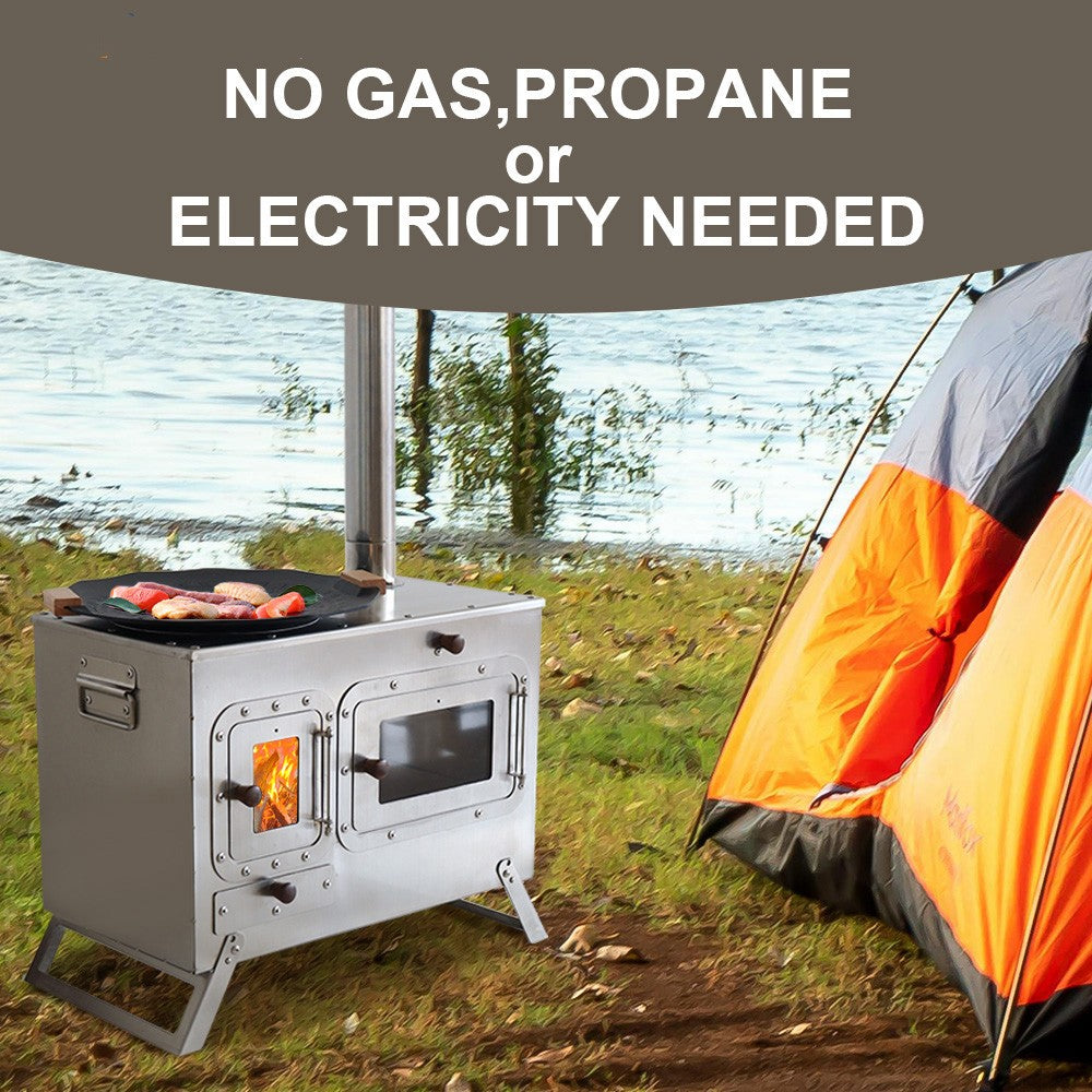 Fogão Multifuncional a Lenha para Acampamento Queimador Externo Portátil com Forno Barraca Fogão Caminhada Piquenique Churrasco Assar Aquecimento Pizza