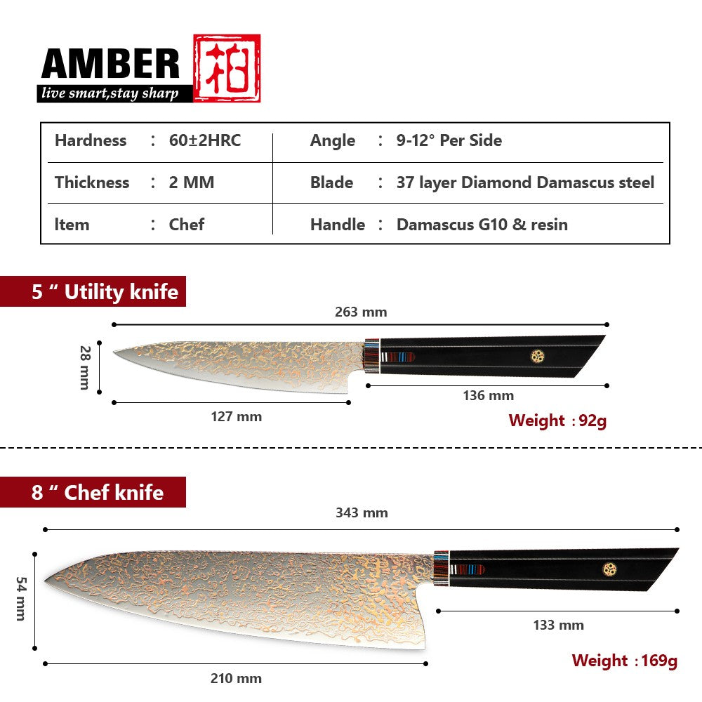 Amber VG10 Damascus Steel Kitchen Knife Set with Resin Handle, Damascus Chef Knife Set, Latest Styles, 37Layers, VG10