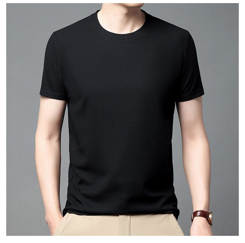 New Summer Waffle Round Neck Short Sleeved T-shirt for Men's Short Sleeved Top