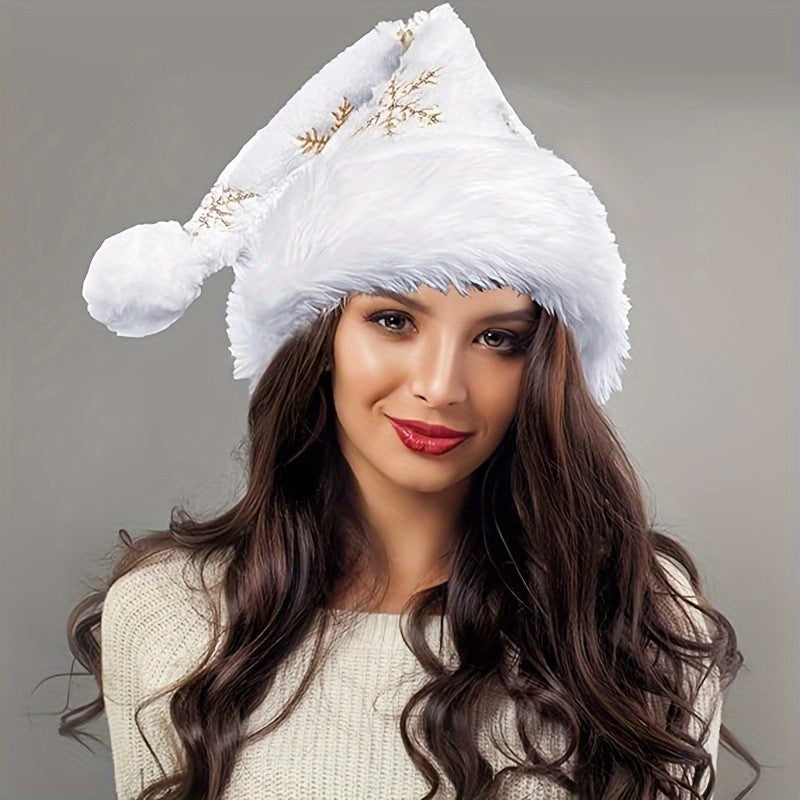 Chapéu de Natal floco de neve branco, decoração de Natal, chapéu de Natal bordado dourado felpudo, fantasia de festival de Natal, sacola de presente