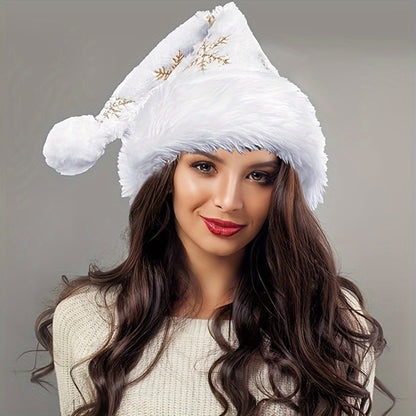Chapéu de Natal floco de neve branco, decoração de Natal, chapéu de Natal bordado dourado felpudo, fantasia de festival de Natal, sacola de presente