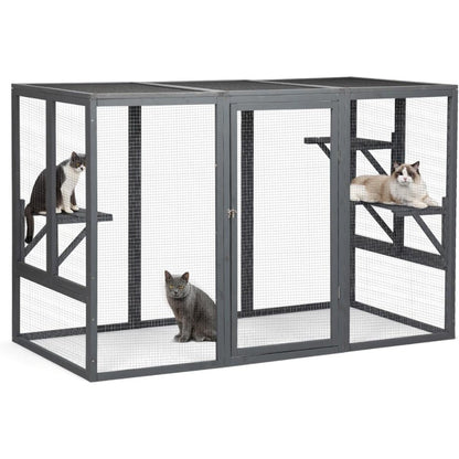 Gaiola Externa à Prova de Intempéries para Gatos, Catios Grandes de Madeira com 3 Plataformas, Casas para Gatos de Jardim, Espaço Fechado de 71L