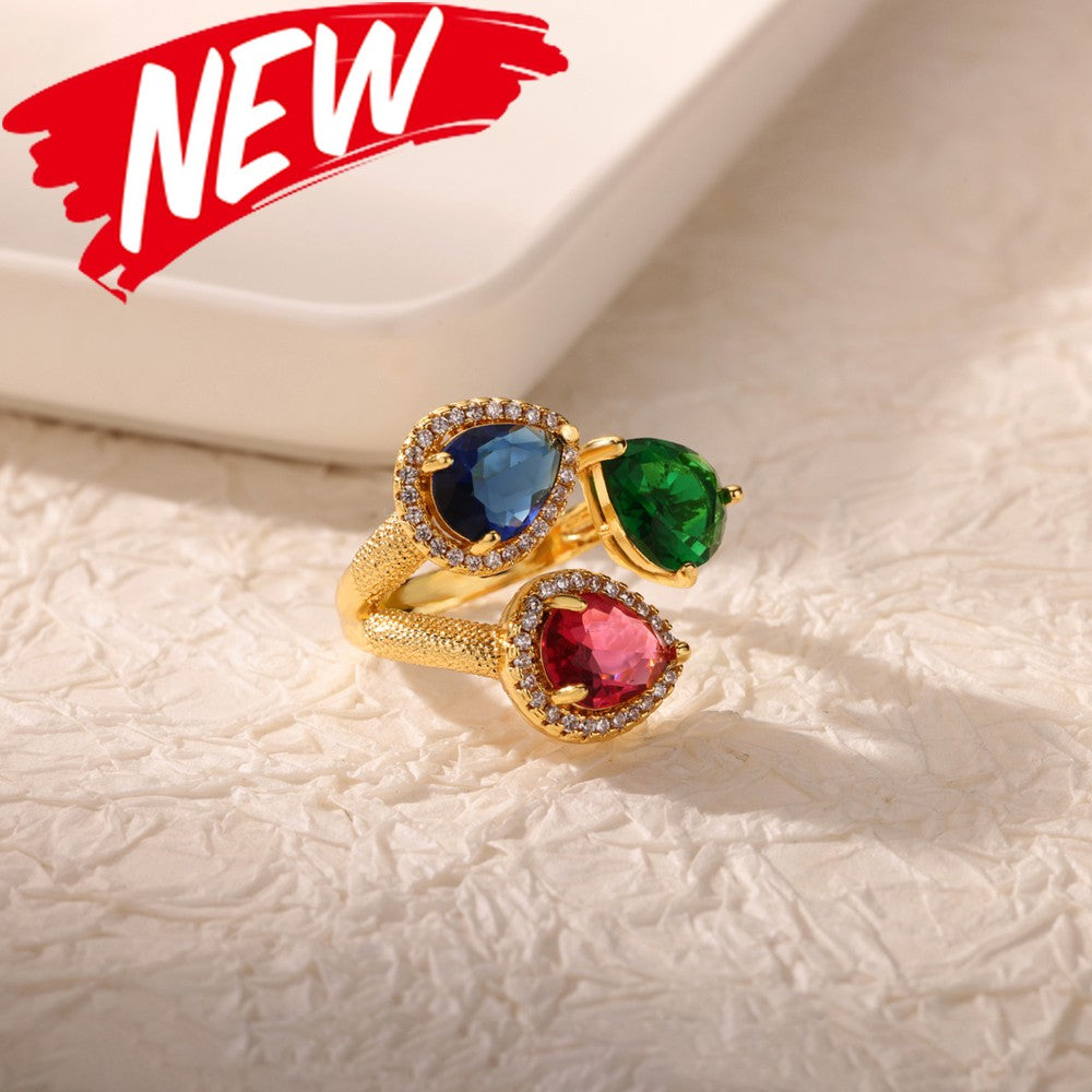 Anéis de Luxo em Aço Inoxidável Banhado a Ouro Pedra Colorida Zircônia Cristal Coração Anel Feminino Casamento Joias Boho Presente de Natal