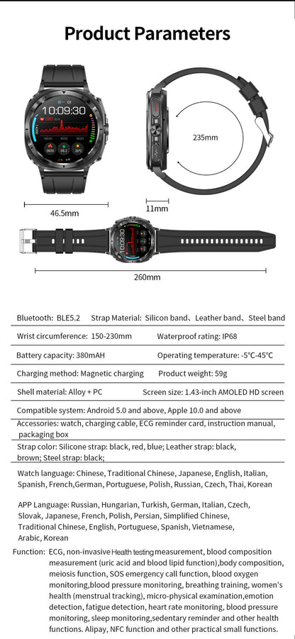 Novo Relógio de Saúde Ácido Úrico Pressão Arterial Oxigênio no Sangue Análise Corporal Gordura Corporal Smartwatch ECG+PPG Chamada Bluetooth Relógio Mulheres Homens