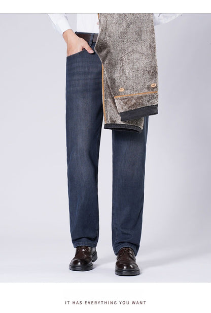Men's Fleece Straight Leg Jeans Winter Thick Warm Business Casual Velvet Pants Elastic Loose Trousers Outdoorwear