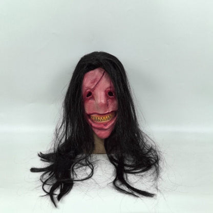 Scary Long Hair Red Face Devil Mask Exposed Teeth Latex Headgear Wig Horror Face Masks Creativity Spooky Scary Demon Mask