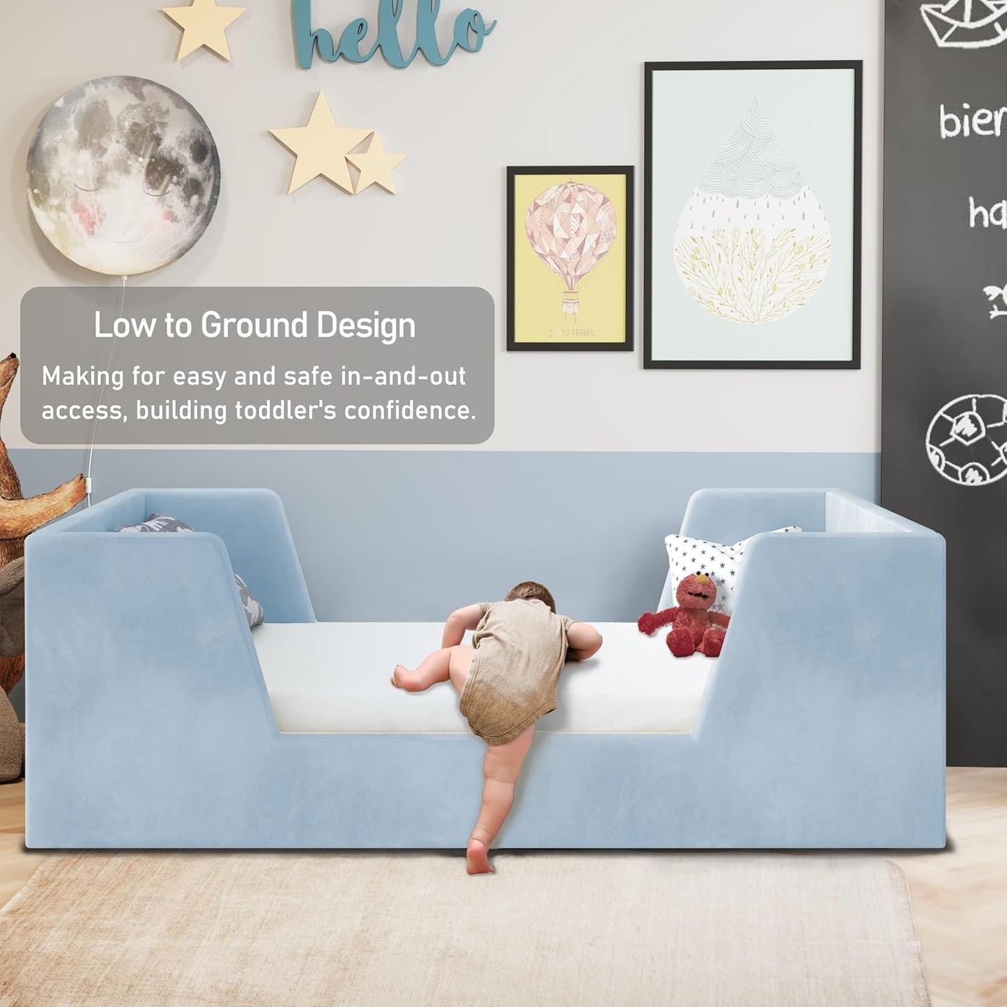 Toddler Bed, Toddler Floor Bed Frame with Guard Rails, Kids Bed for Ages 2-6 Years Kids Girls and Boys, Standard Crib Ma