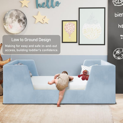 Toddler Bed, Toddler Floor Bed Frame with Guard Rails, Kids Bed for Ages 2-6 Years Kids Girls and Boys, Standard Crib Ma