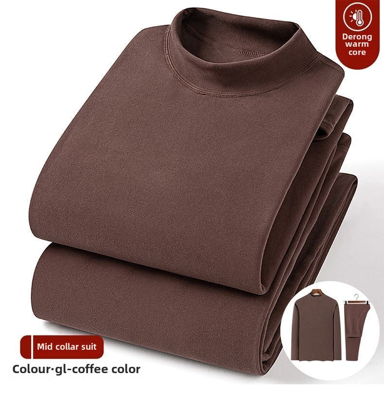 Winter Top and Pants Set Home Wear Warmth Solid Casual Men's Deerskin Thermal Suit High Collar Underwear Heat Velvet Tshirt Set