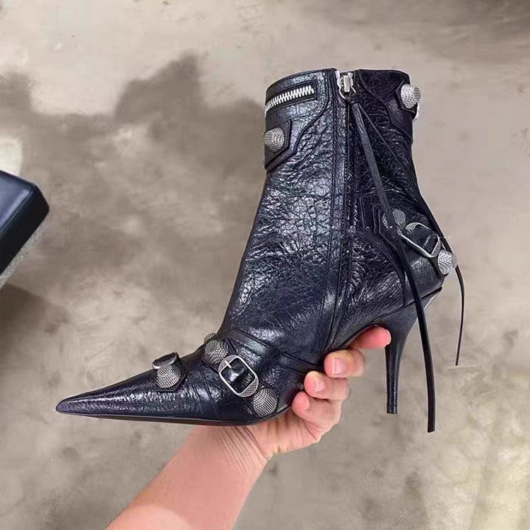 Autumn Winter Women Ankle Boots Sexy Pointed Toe Pole Dance High Heels Pumps Fashion Zip Rivet Chelsea Thin Shoes Female D171