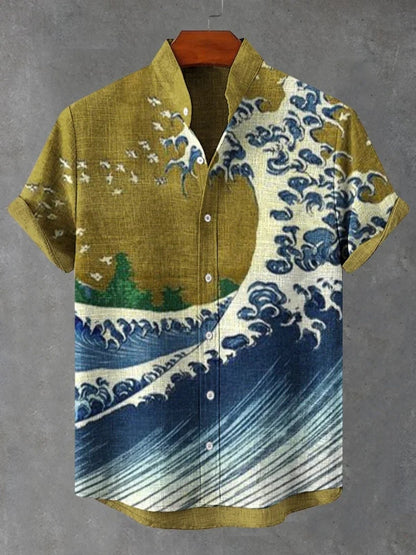 Summer Casual Men's Japanese Art Sea Wave Printed Linen Shirt Short Sleeve Stand up Collar Cardigan Breathable Top