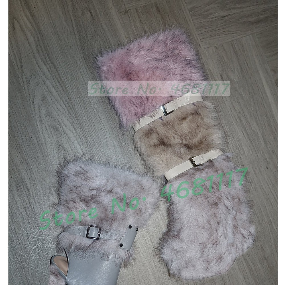 Colorblock Fur Platform Wedge Boots Women Sweet Belt Buckle Below The Knee Snow Boots Cool Girls Winter Punk Round Toe Shoes