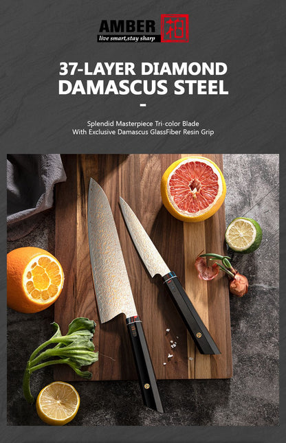 Amber VG10 Damascus Steel Kitchen Knife Set with Resin Handle, Damascus Chef Knife Set, Latest Styles, 37Layers, VG10