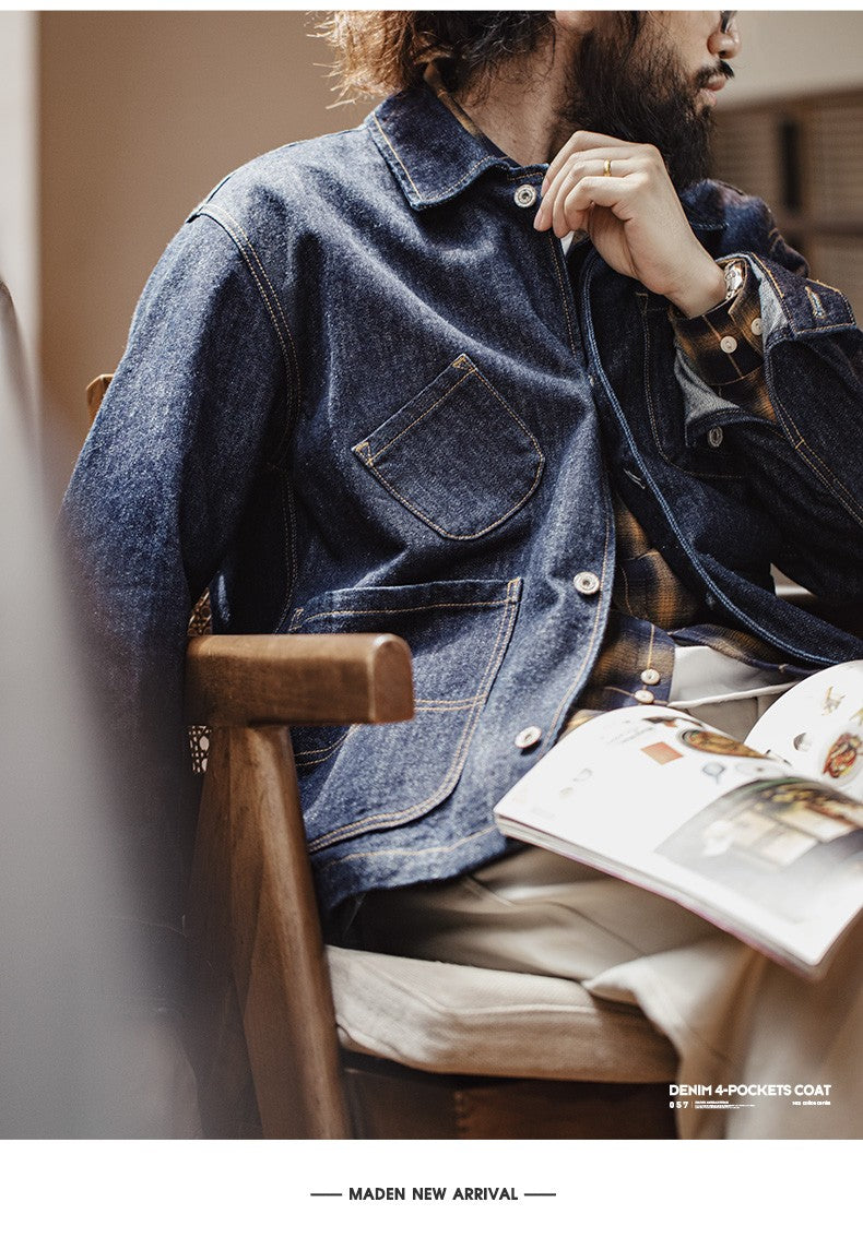 Maden Vintage Asymmetrical Four-pocket Design Denim Coat for Men 14OZ Single-breasted Turn-down Collar Jacket Autumn Work Coat