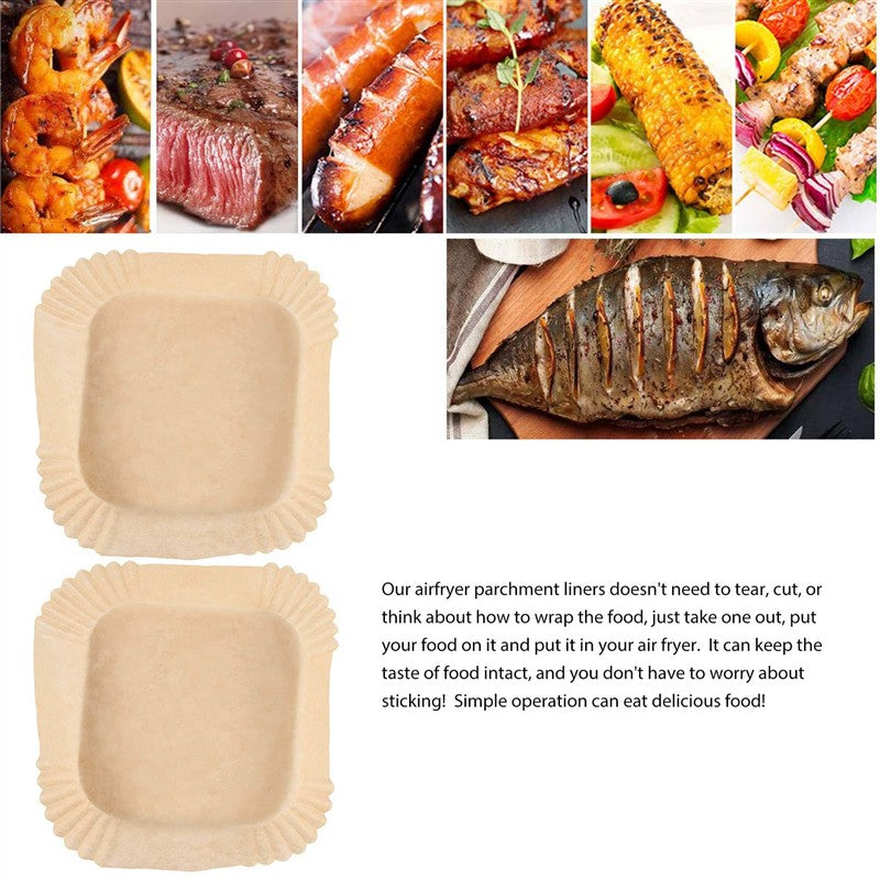 LECKL-50Pcs Papel Manteiga para Air Fryer com Pincel de Óleo, Forros Quadrados de 6,3 Polegadas, Papel Descartável para Assar, Folhas para Air Fryer