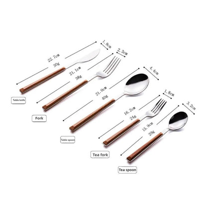Conjunto de 5 Peças de Talheres Faca Garfo e Colher Conjunto de Talheres de Aço Inoxidável Cabo de Madeira de Imitação Conjunto de Talheres Fácil de Limpar e Reutilizável