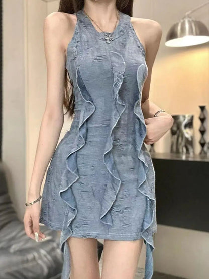 Ruffle Collar Halter Bodycon Dress Women Vintage Inspired Innocent Seduction Aesthetic Summer Body Hugging Pencil Skirt Modern C