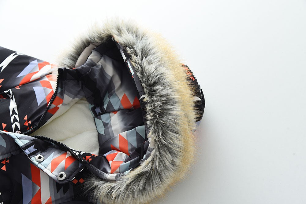 YBFSKID Kids Boys Winter Rompers Geometric Pattern Plush Thick Toddler Baby Boys Ski Suit Fur Collar Little Boys Jumpsuit Outfit