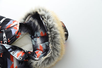 YBFSKID Kids Boys Winter Rompers Geometric Pattern Plush Thick Toddler Baby Boys Ski Suit Fur Collar Little Boys Jumpsuit Outfit